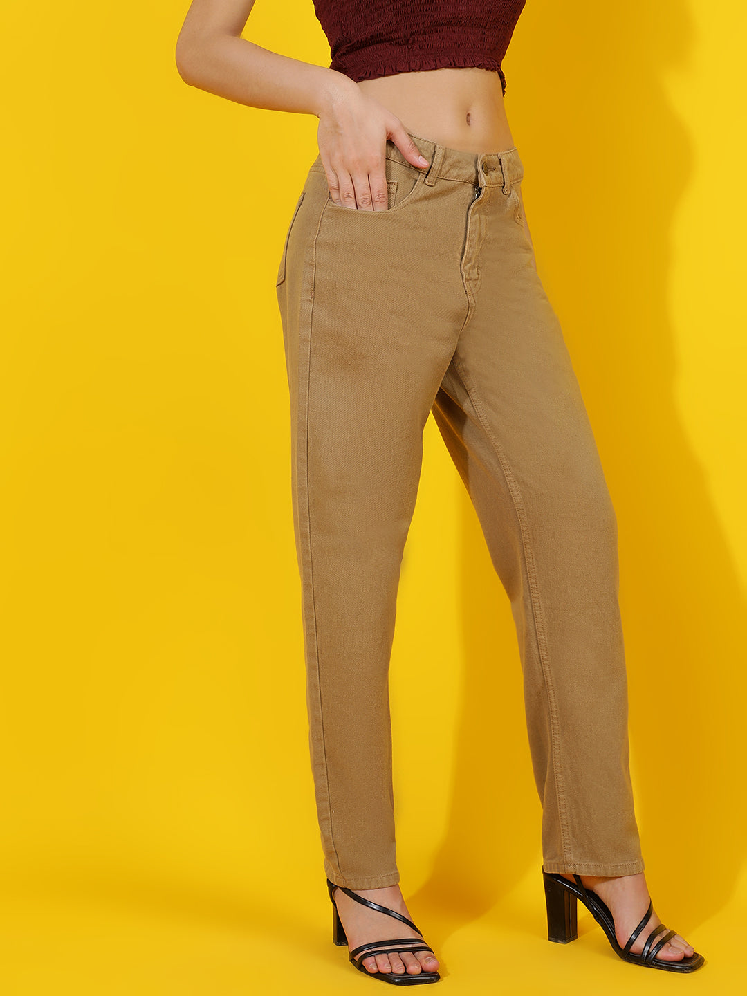 Beige Straight Fit Denim Jeans
