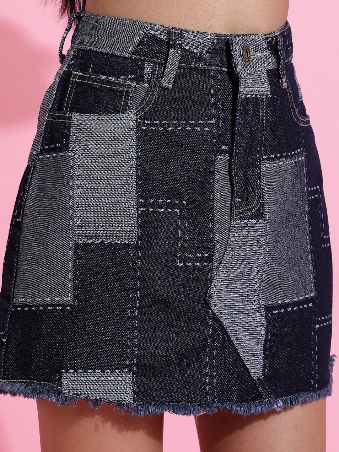 Blue Solid Abstract Patch Denim Skirt