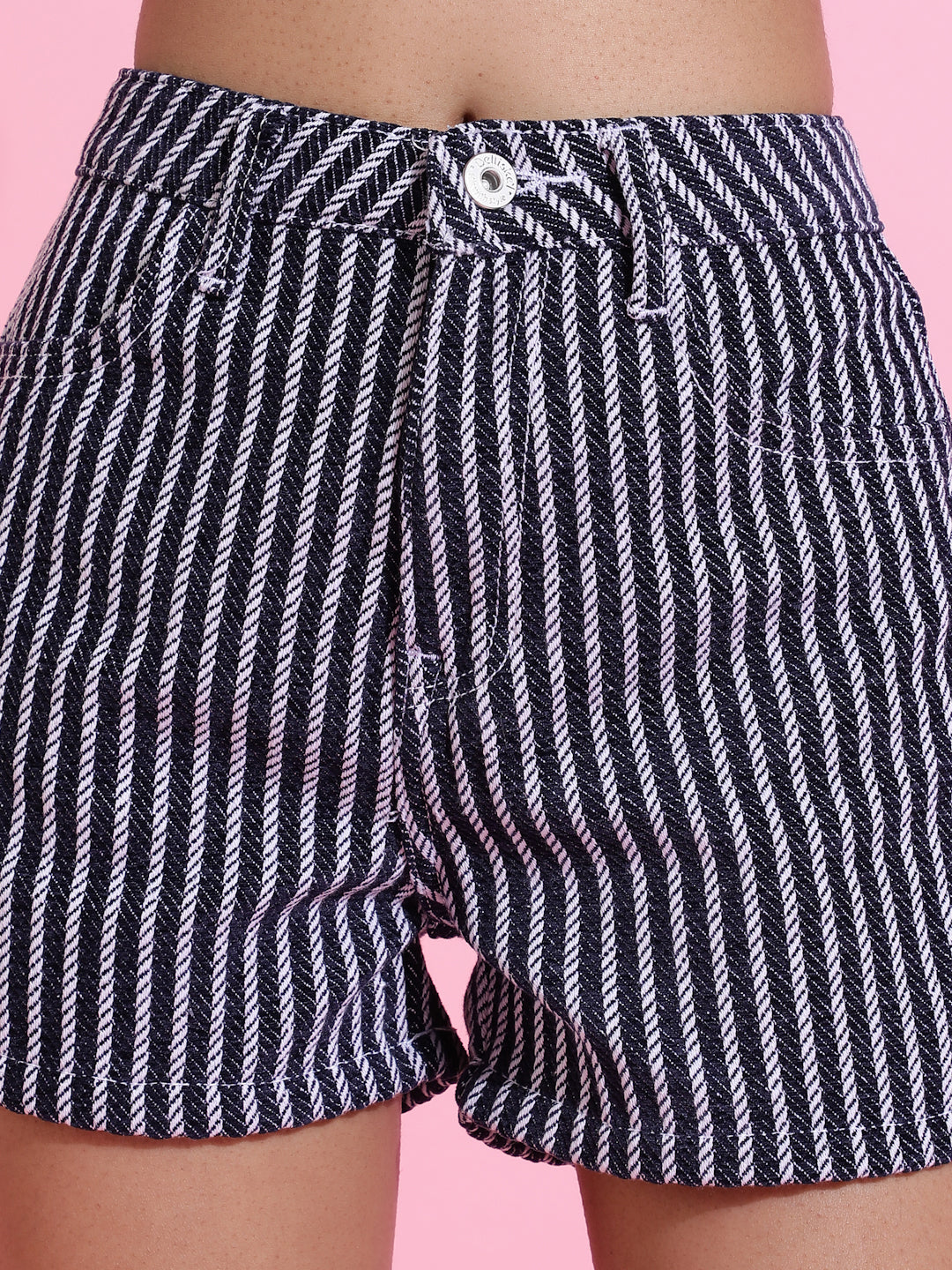 Navy Blue Striped Denim Shorts