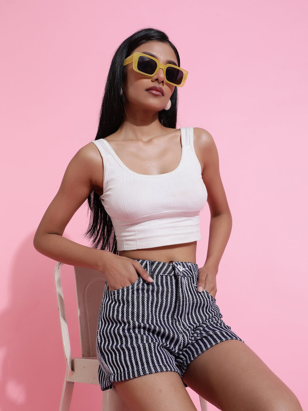 Navy Blue Striped Denim Shorts