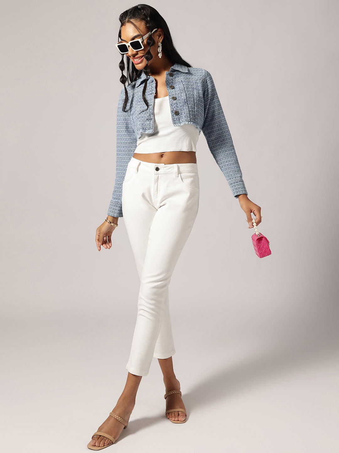 Mid Blue Textured Denim Crop Jacket