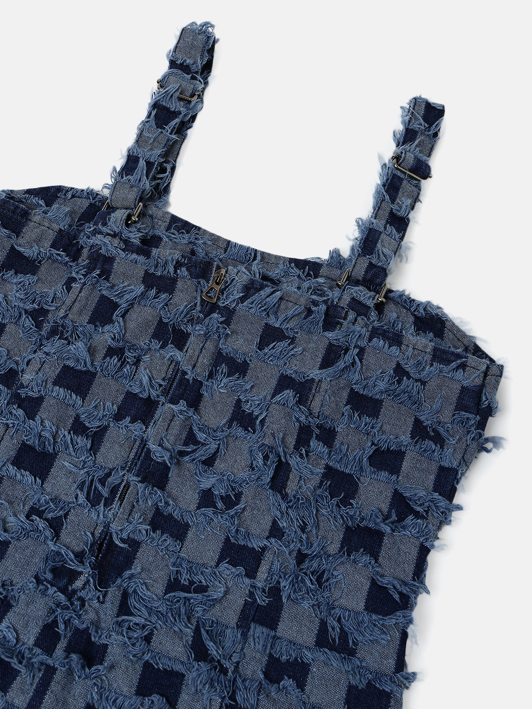 Dark Blue Above Knee Checked Denim Dress