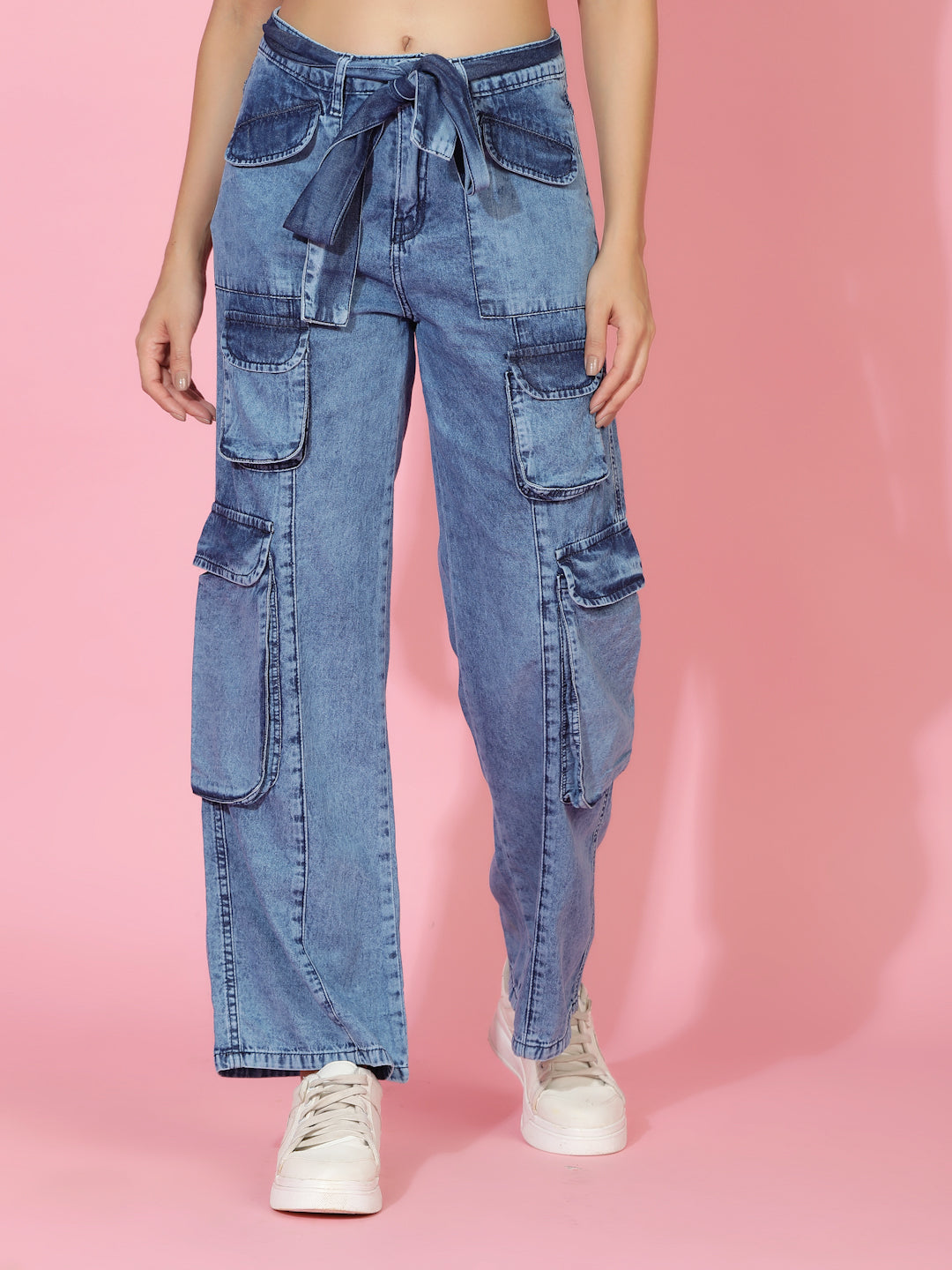 Mid Blue Relaxed Fit Denim Cargo Jeans