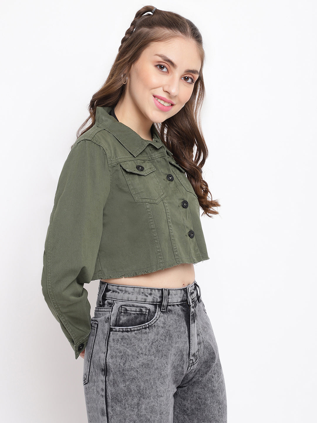 Olive Cropped Denim Jacket With Frey Hem