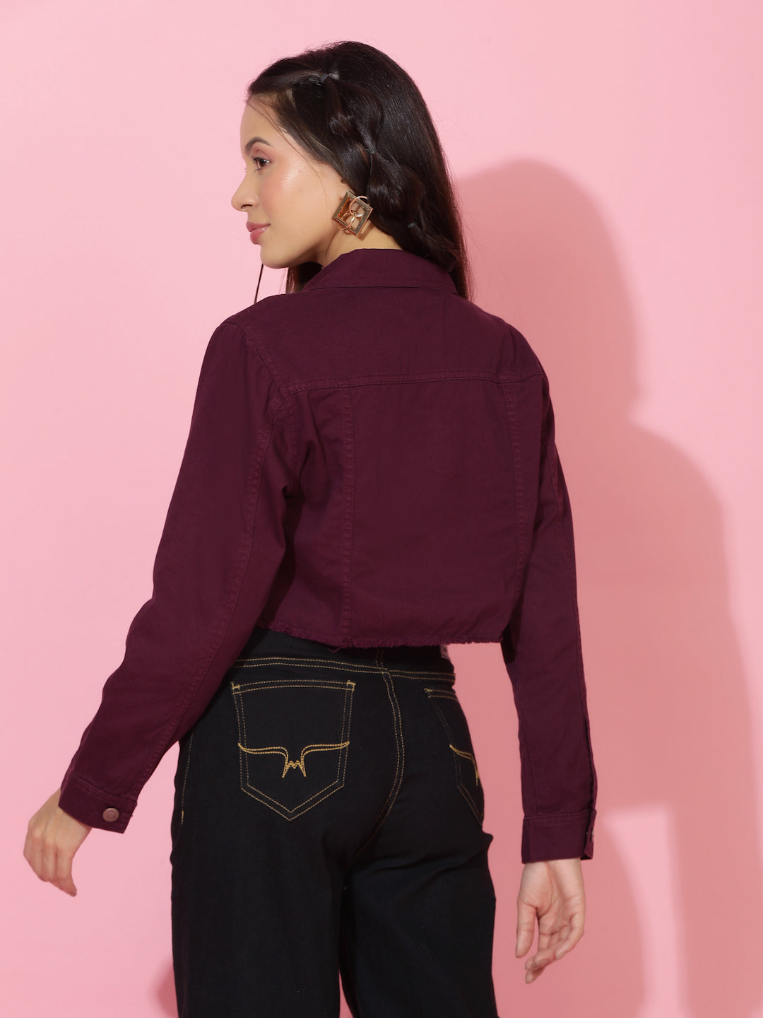 Maroon Cropped Denim Jacket