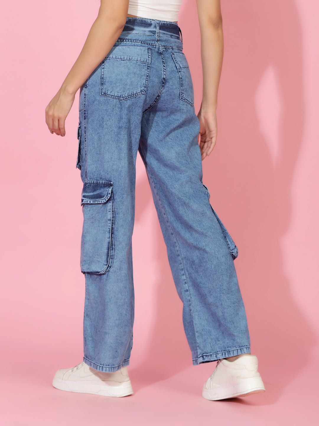 Mid Blue Relaxed Fit Denim Cargo Jeans