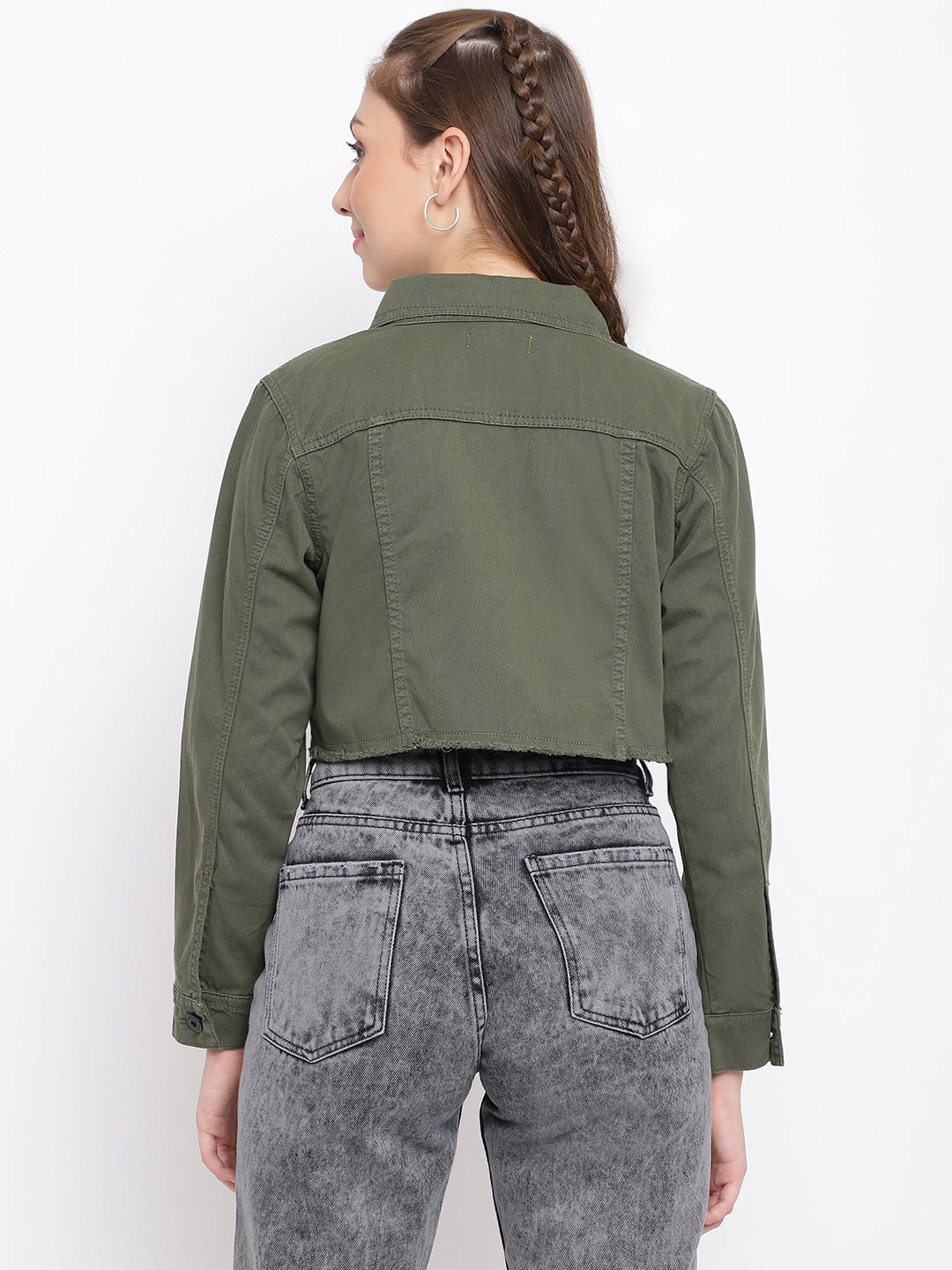 Olive Cropped Denim Jacket With Frey Hem