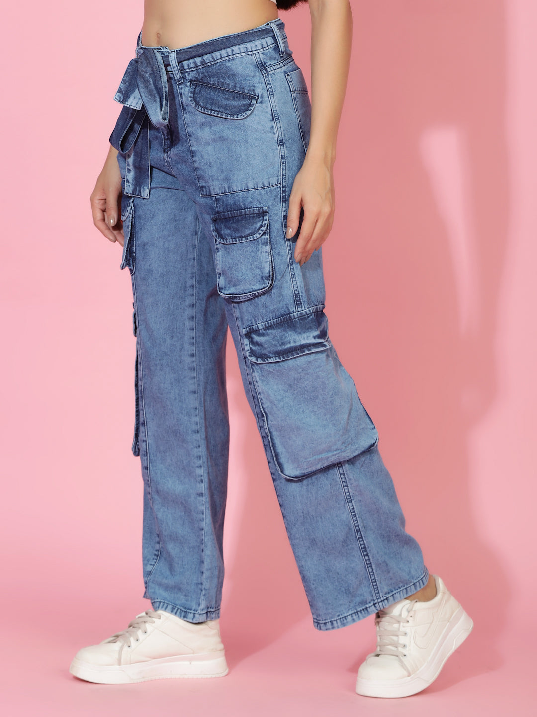 Mid Blue Relaxed Fit Denim Cargo Jeans