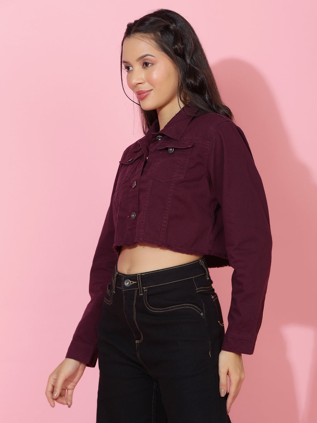 Maroon Cropped Denim Jacket