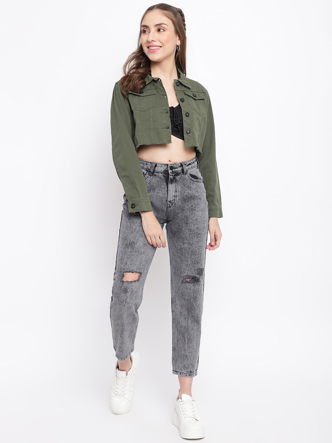 Olive Cropped Denim Jacket With Frey Hem