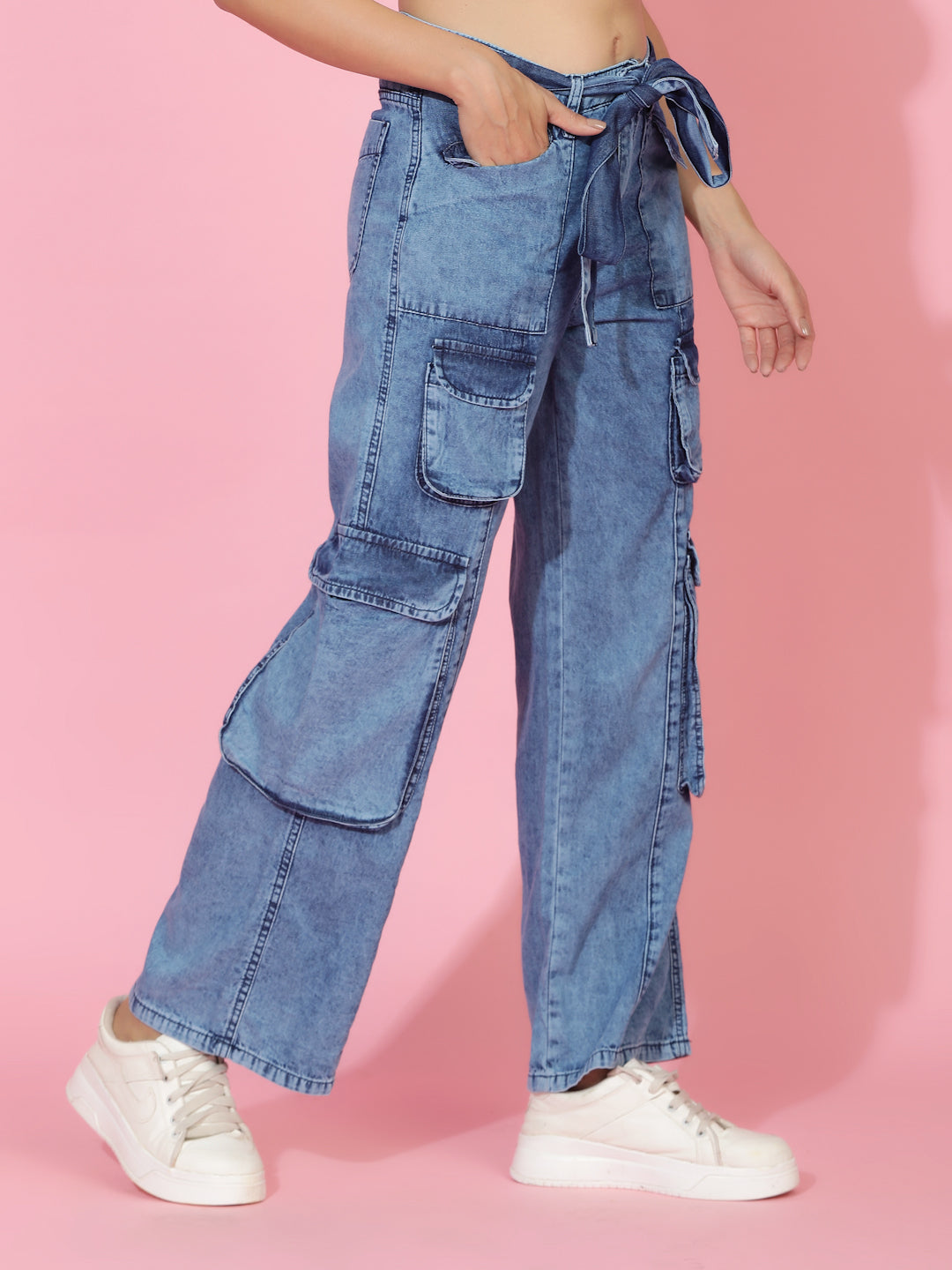 Mid Blue Relaxed Fit Denim Cargo Jeans