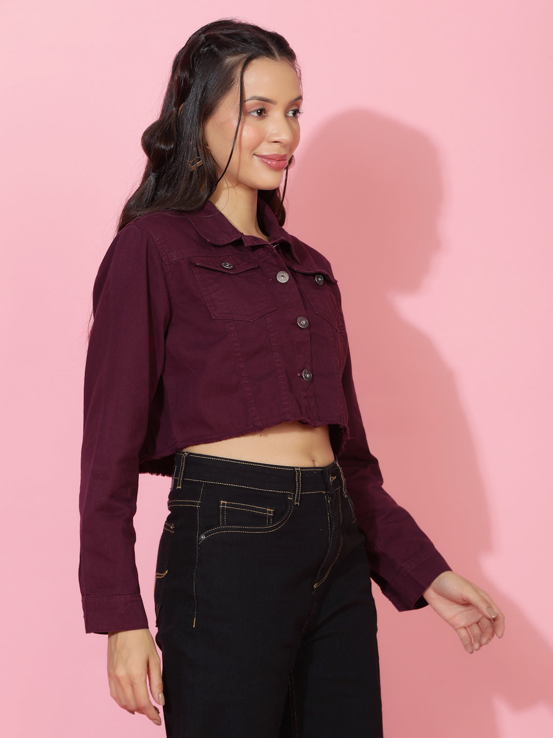 Maroon Cropped Denim Jacket