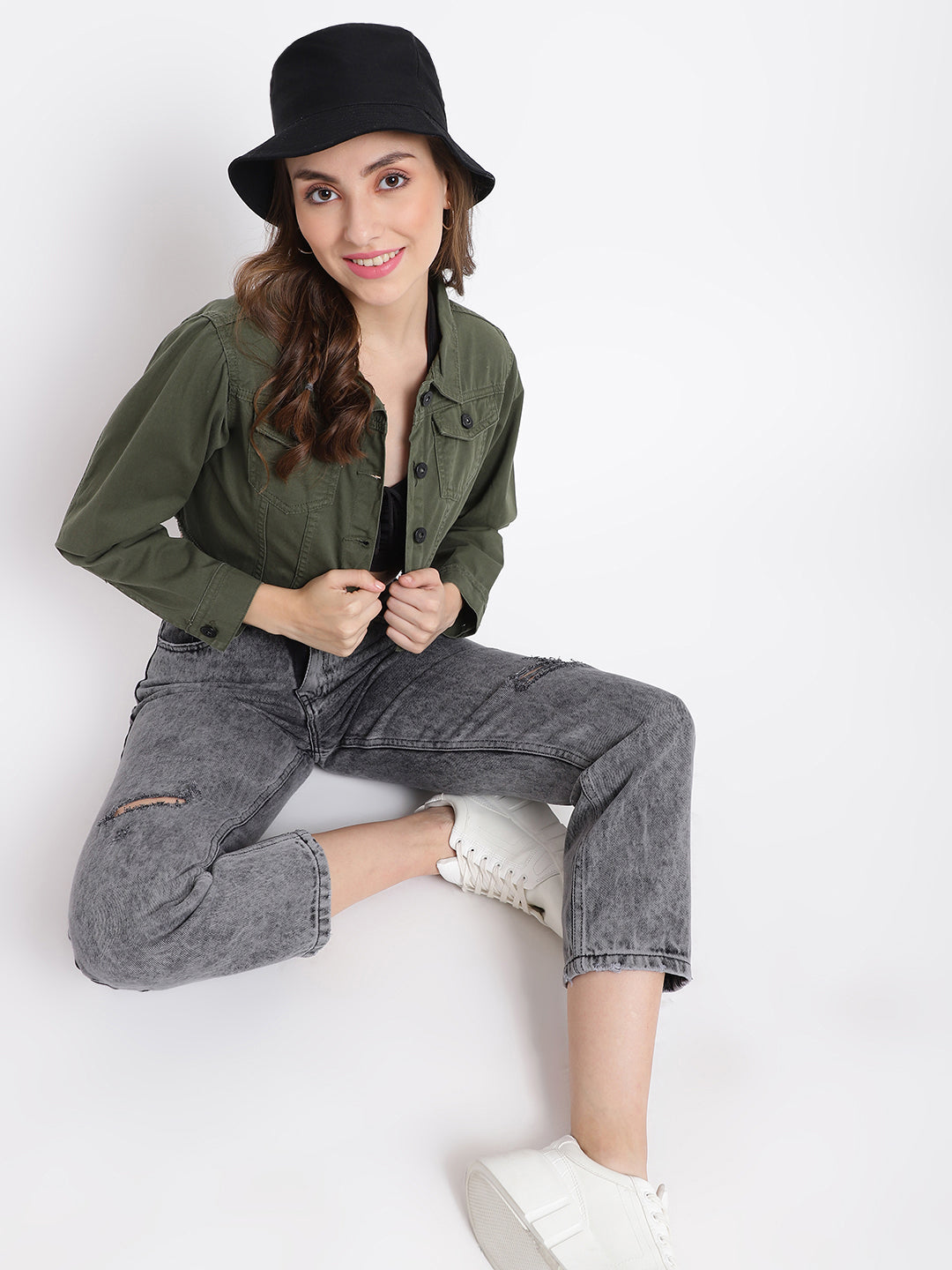 Olive Cropped Denim Jacket With Frey Hem