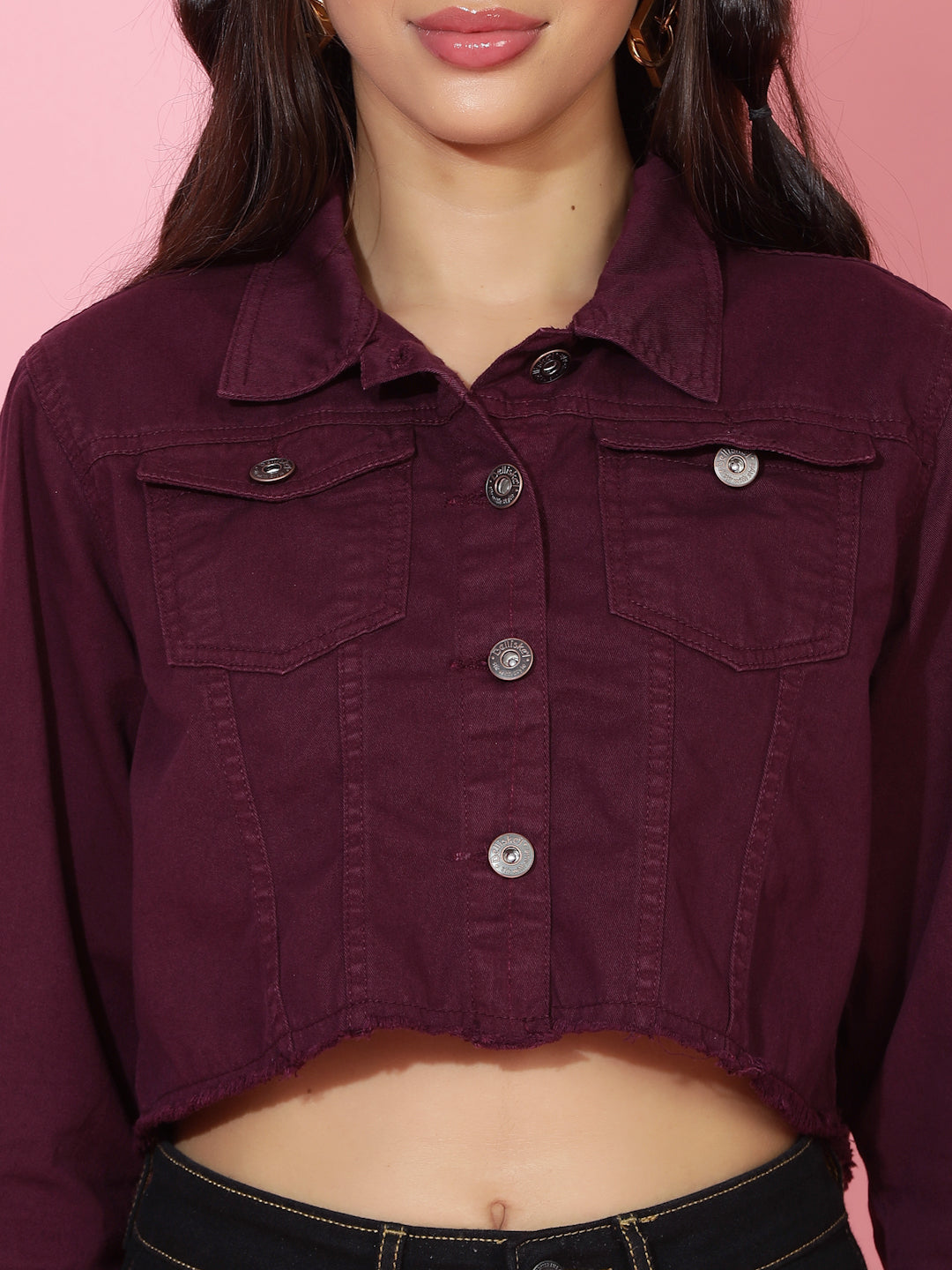 Maroon Cropped Denim Jacket