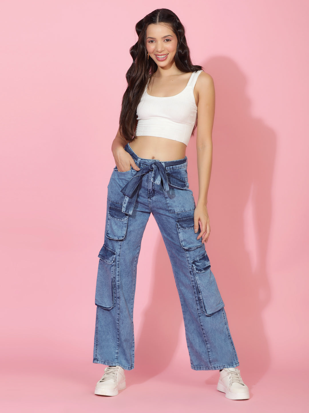 Mid Blue Relaxed Fit Denim Cargo Jeans