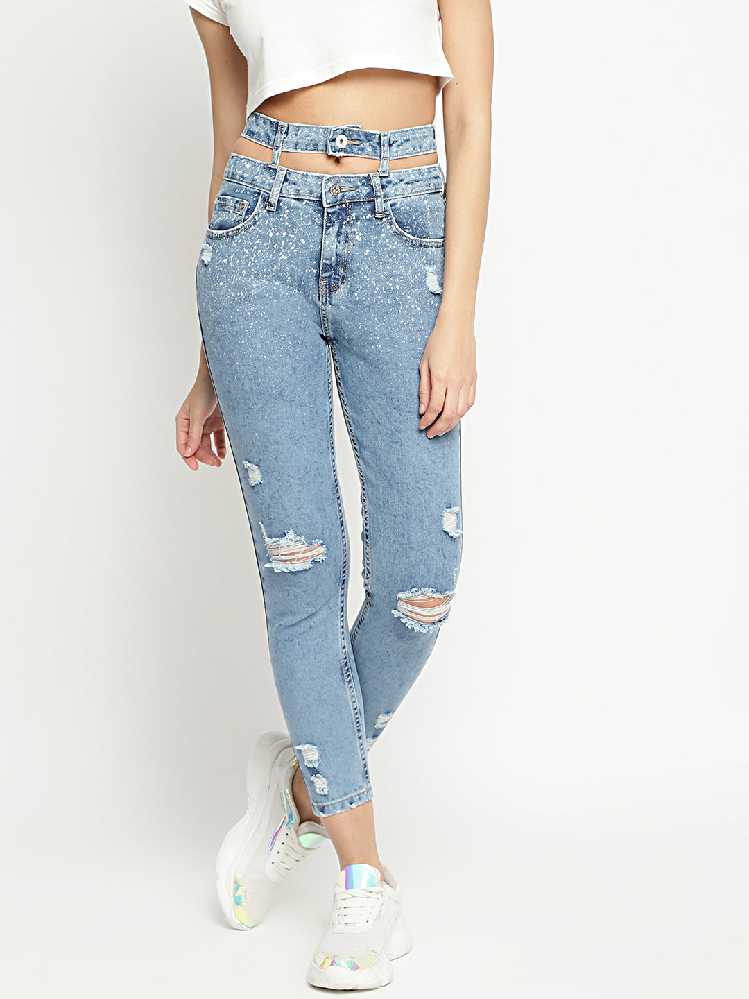 Women Mid Waist Light Blue Belt Detailed Slim Fit Denim Jeans