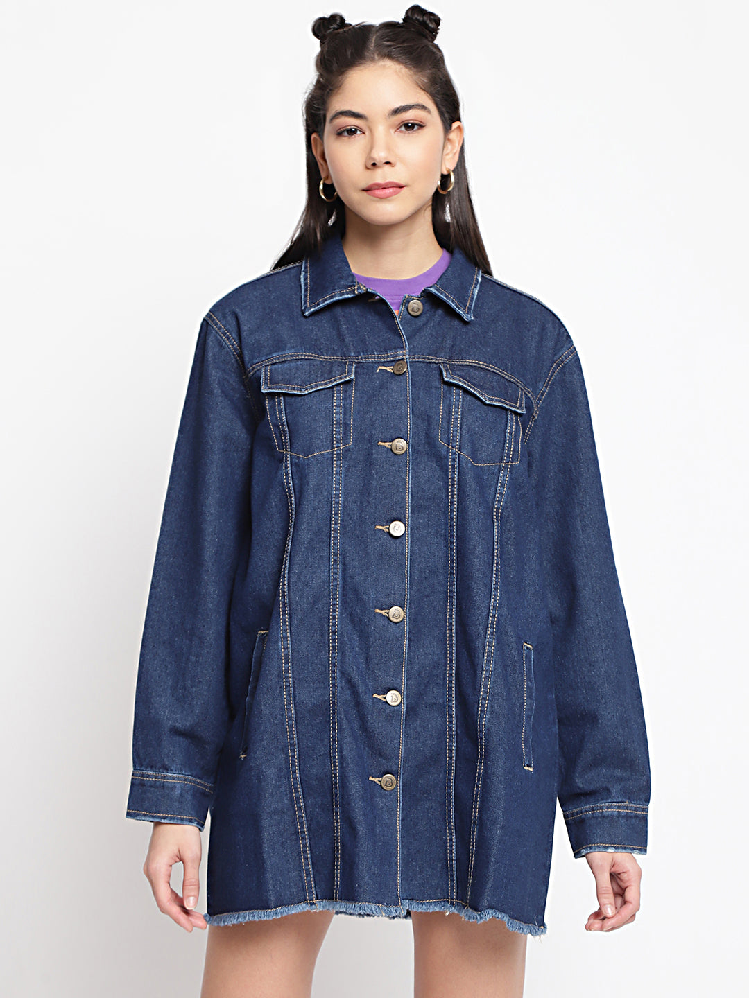 Women Dark Blue Long Denim Jacket With Frey Hem