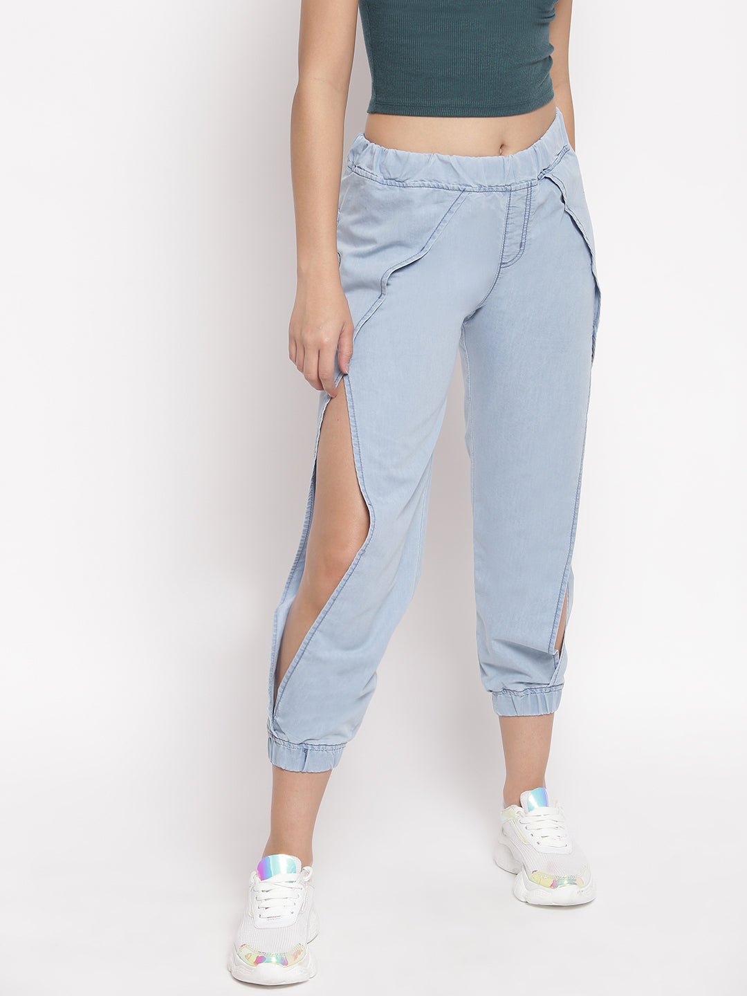 Blue Side Slit Denim Joggers