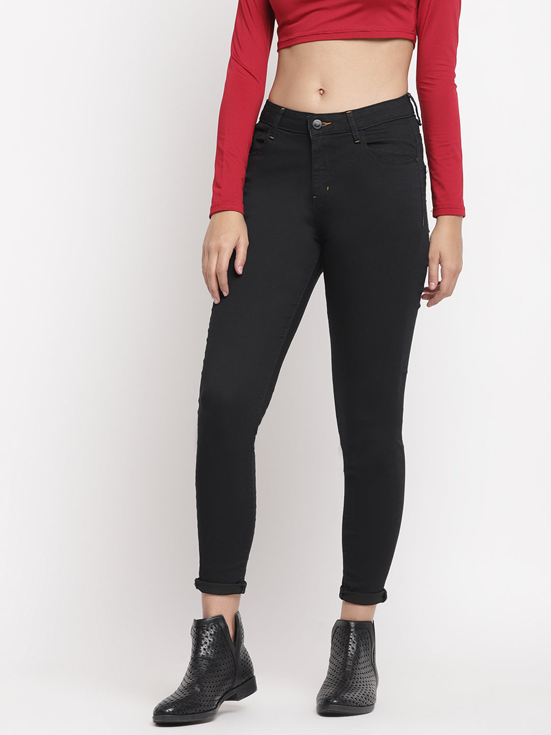 Women Mid Waist Black Super Skinny Jeans