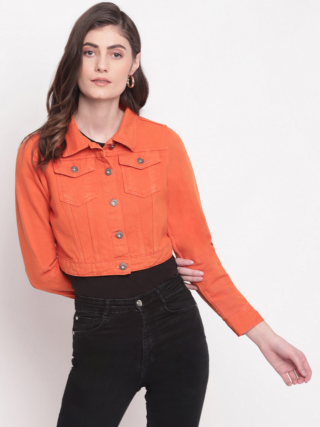 Women Orange Cropped Denim Jacket