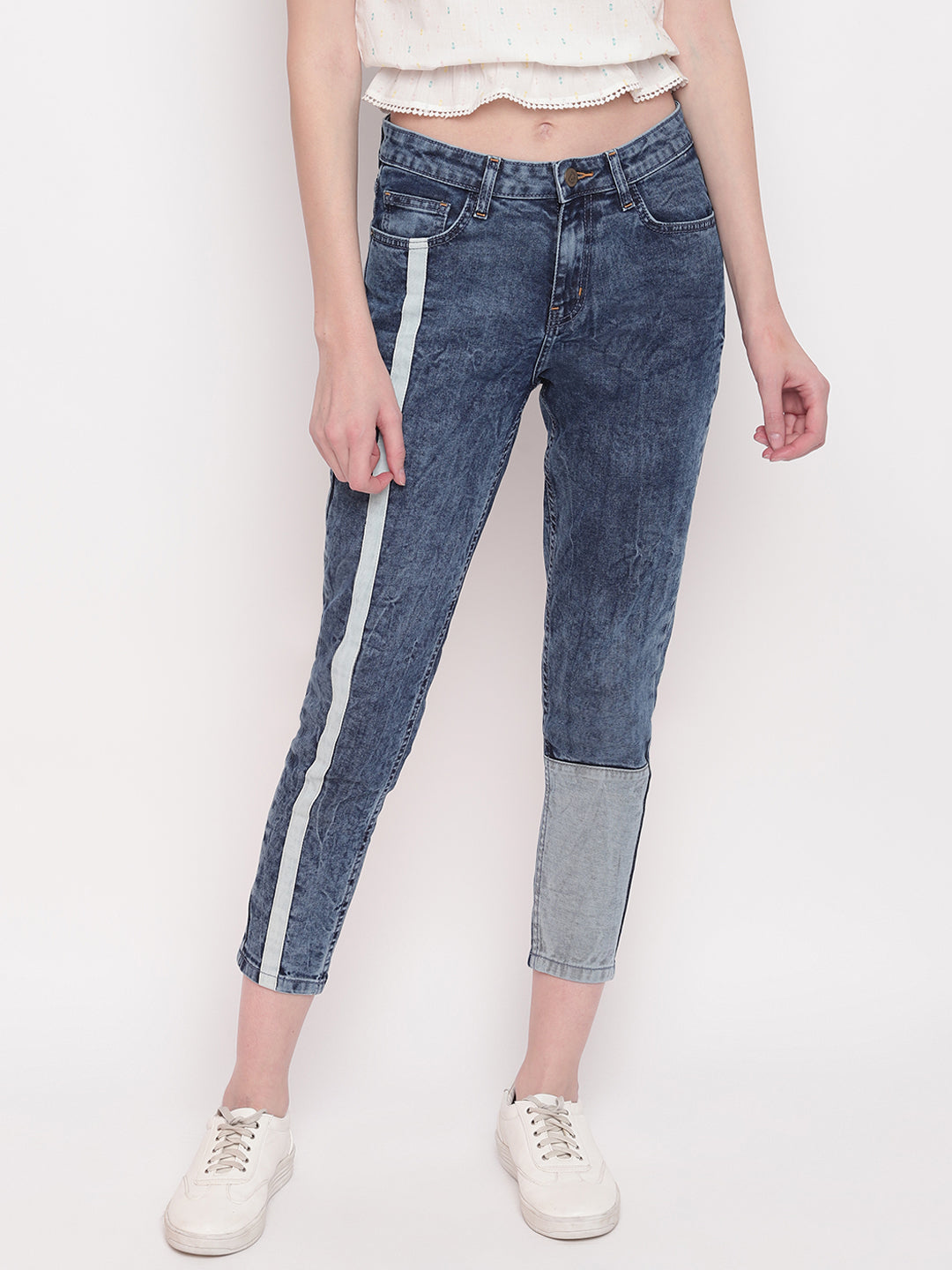 Women Asymmetrical Denim Slim Fit Side Tape Details Jeans