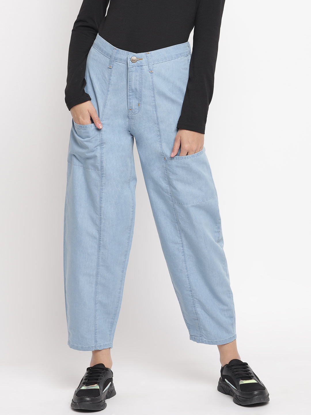 Women Light Blue Asymmetrical Slouchy Fit Front Pockets Denim Jeans