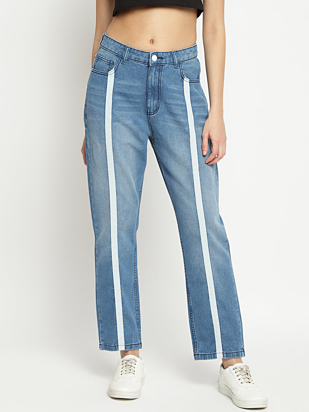 Women High Waist Tape Detail Mid Blue Mom Fit Denim Jeans