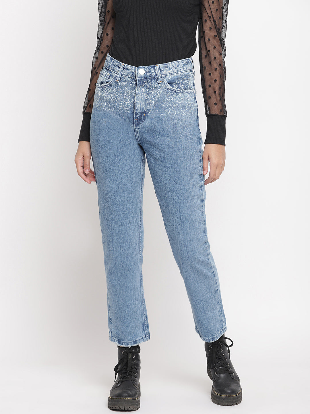 Women Light Blue Distressed Mom Fit Denim Jeans
