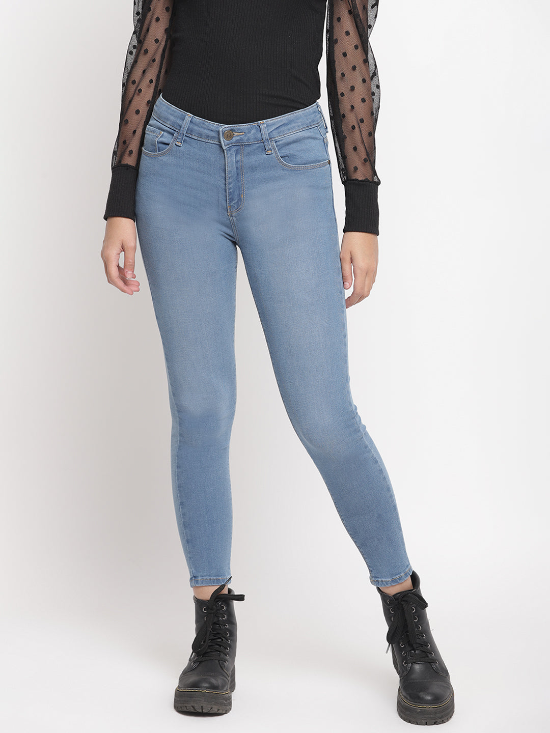 Women Mid Waist Light Blue Super Skinny Jeans
