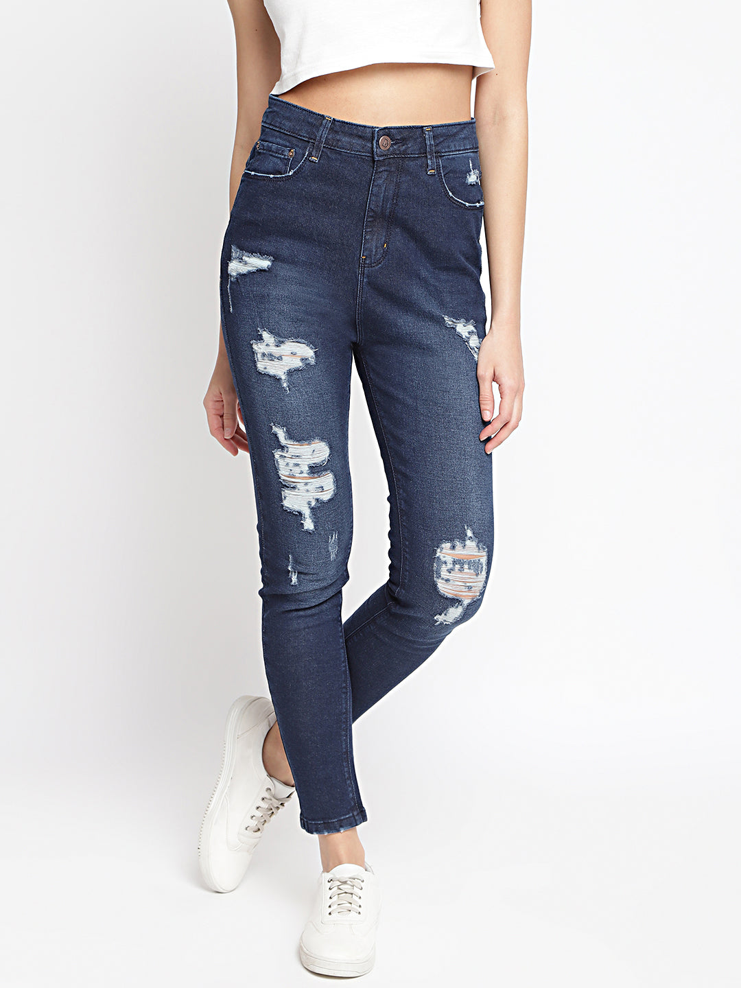 Women High Waist Dark Blue Distressed Slim Fit Denim Jeans