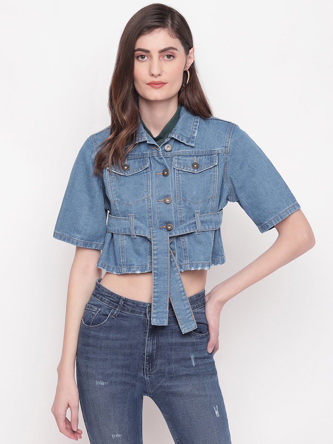 Women Light Blue Cropped Denim Jacket With Belt