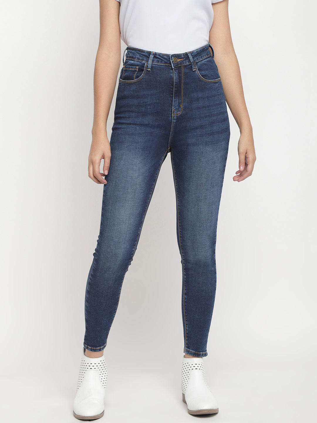 Women Super High Waist Dark Blue Whisker/Pp Spray Super Skinny Denim Jeans