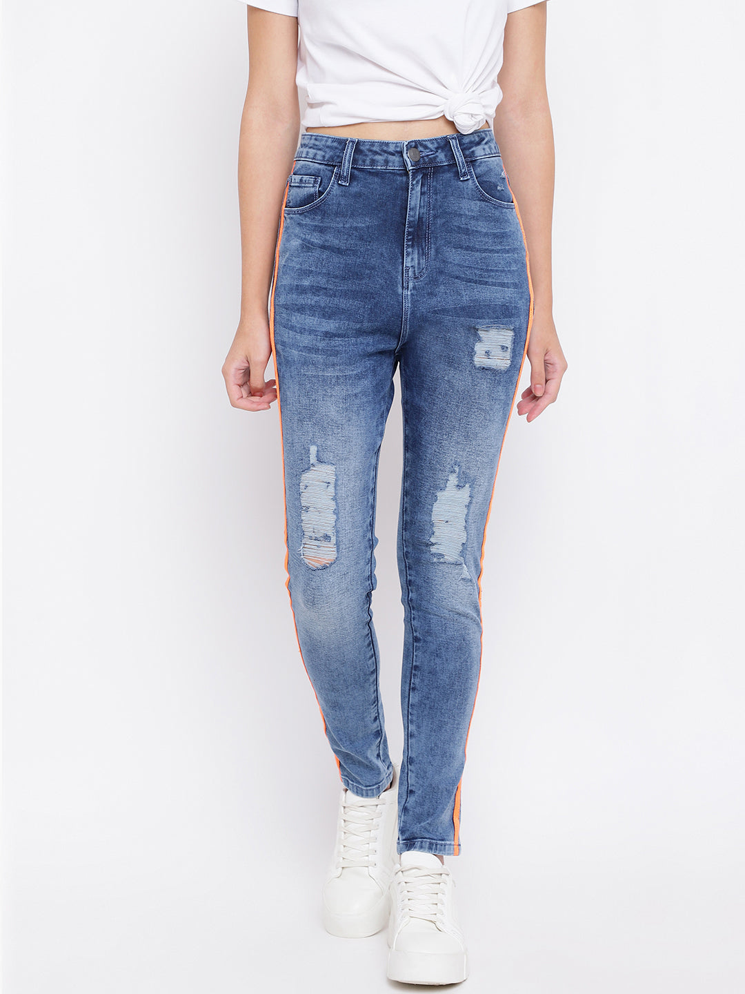 Distressed Side Tape Skinny Jeans