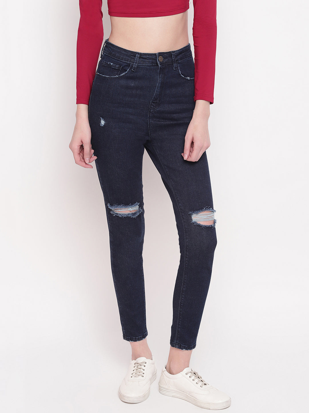 Women Super High Waist Skinny Fit Dark Blue Side Tape Denim Jeans