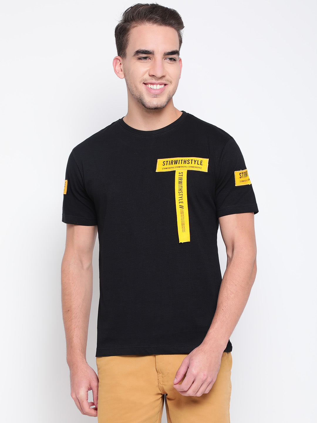 Men Black Tape Detail T-shirt