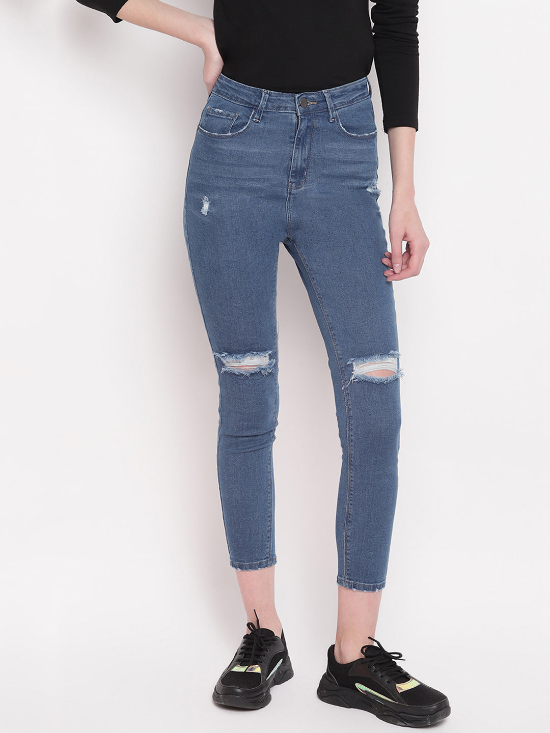 Women Mid Blue Distressed Super High Waist Skinny Denim Jeans