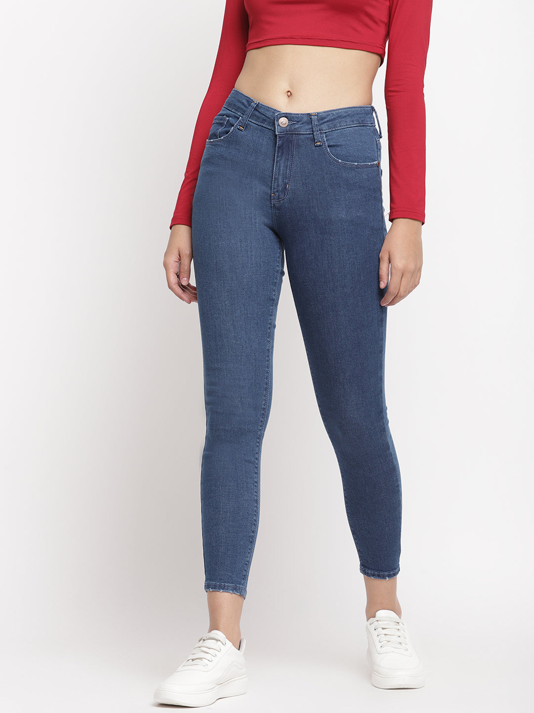 Women Mid Waist Mid Blue Super Skinny Jeans
