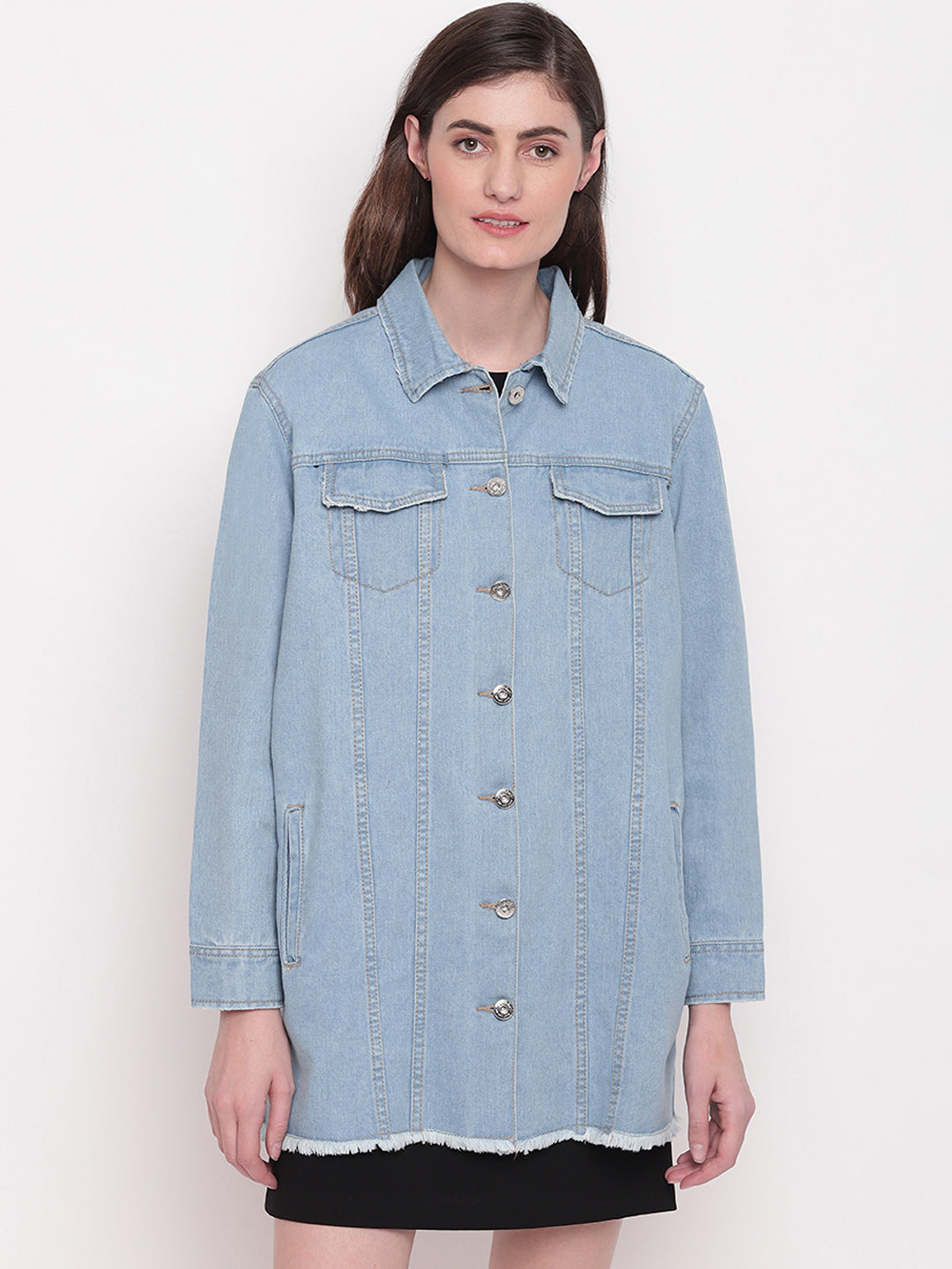 Women Light Blue Long Denim Jacket