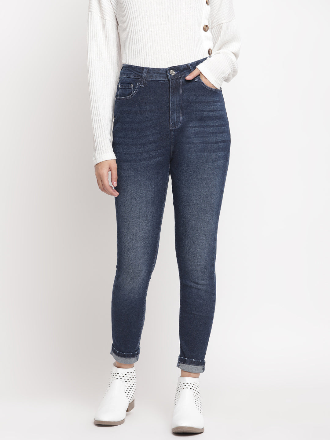 Women High Waist Dark Blue Whisker Slim Fit Denim Jeans