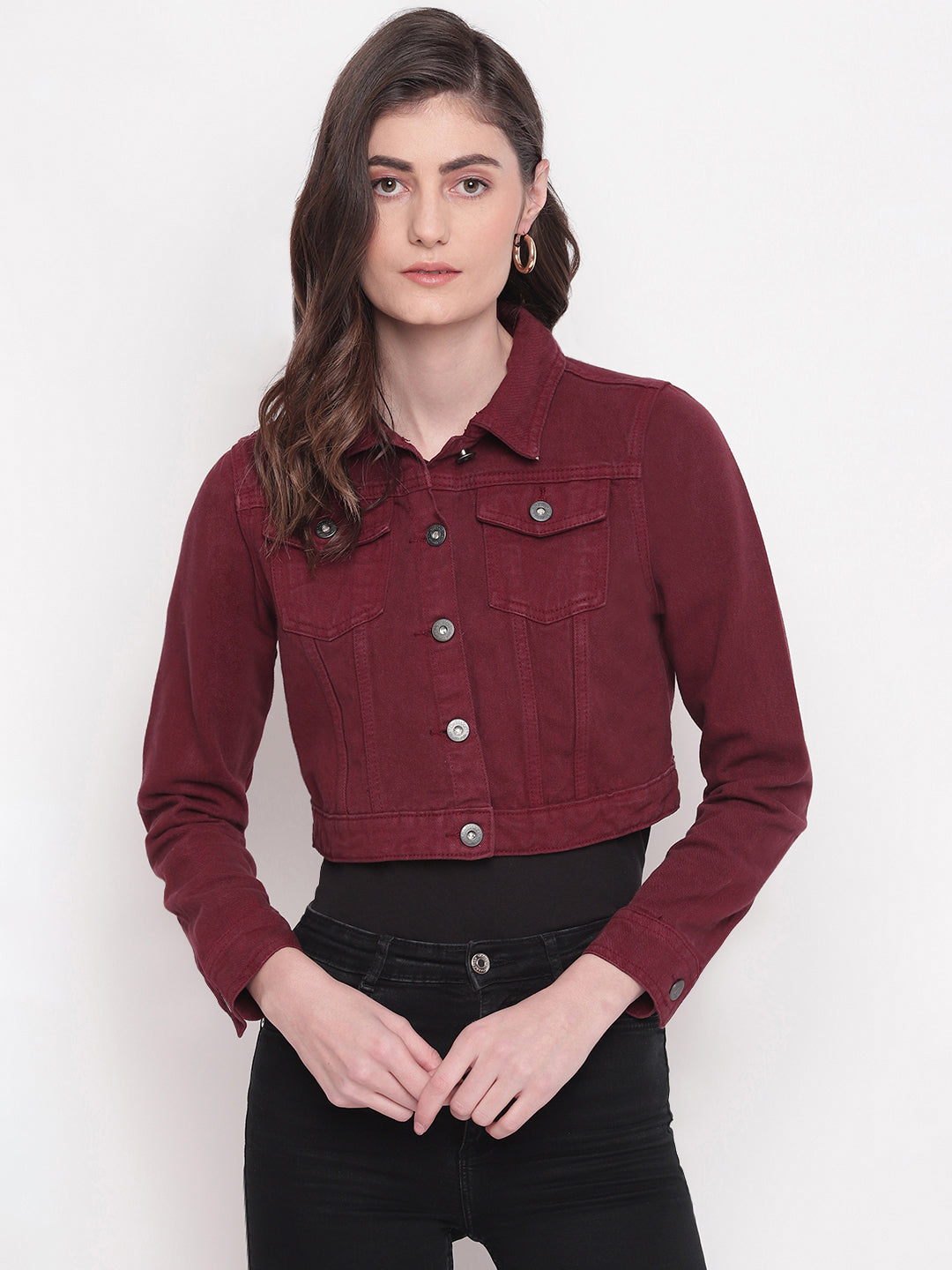 Women Maroon Cropped Denim Jacket