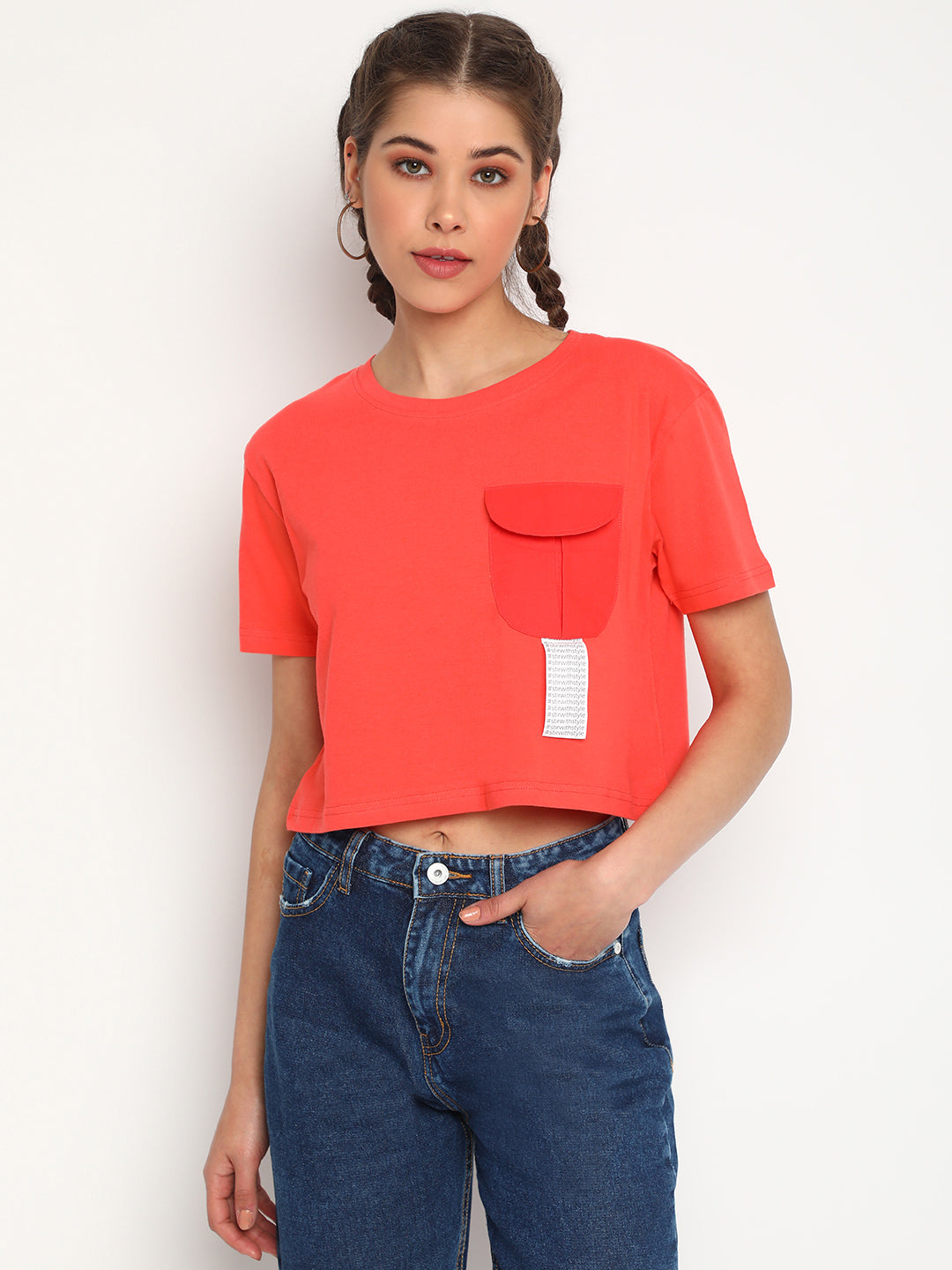 Women Peach Round Pocket Crop Top