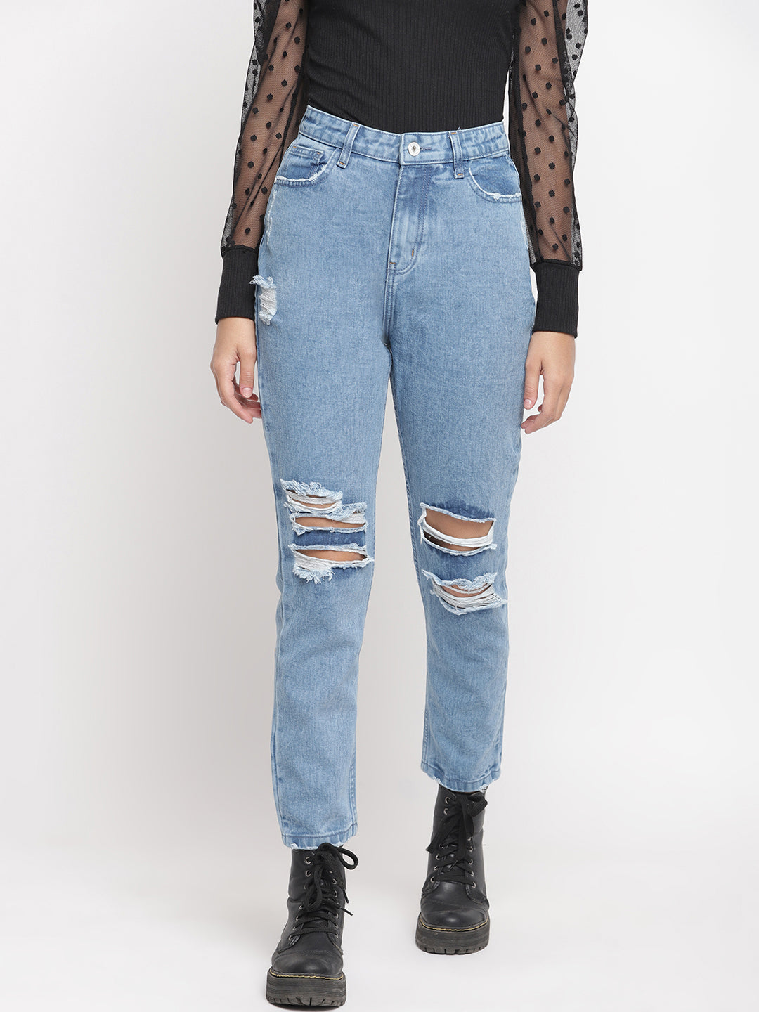 Women Mid Blue Distressed Boyfriend Fit Denim Jeans