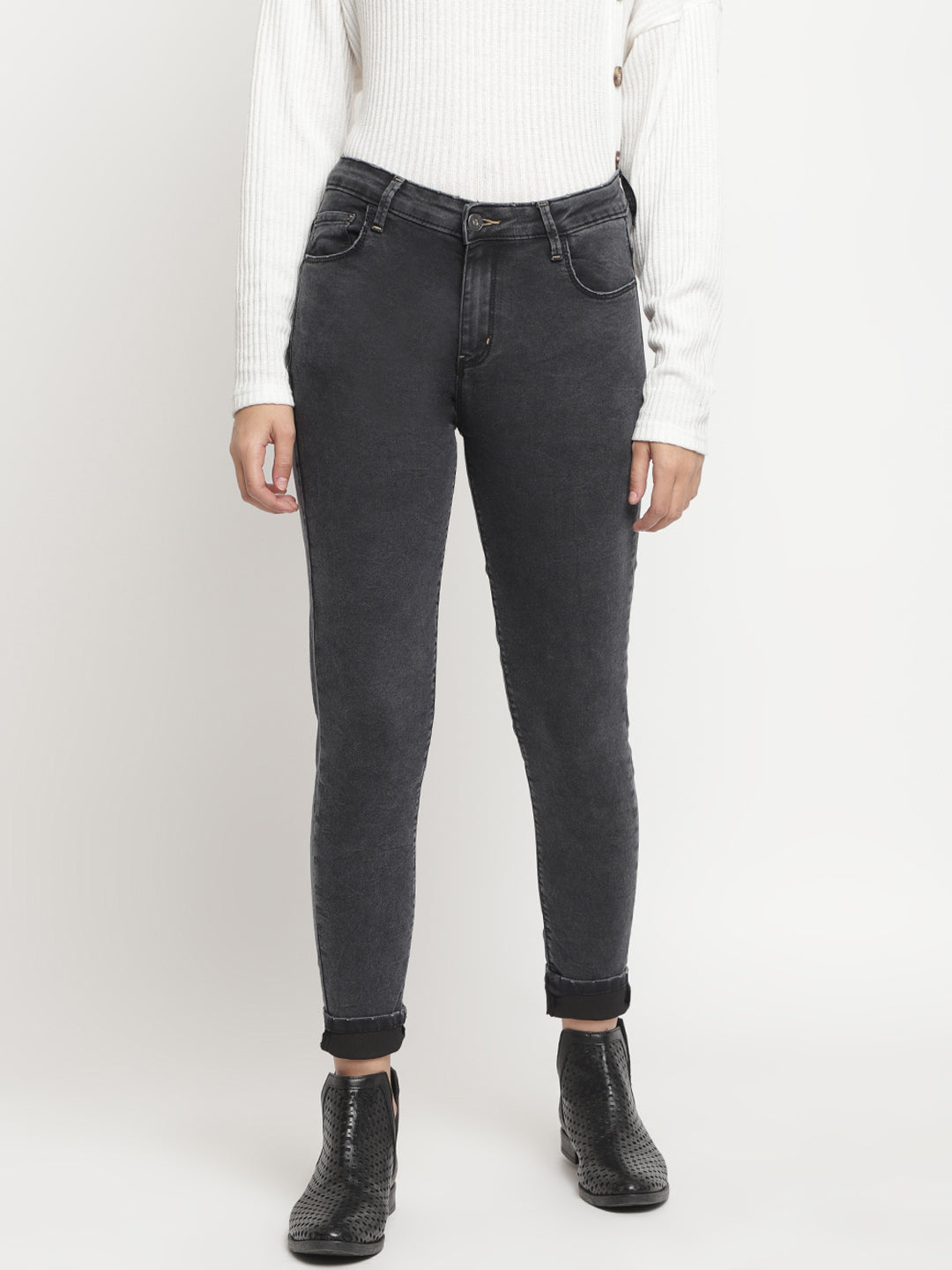 Women Mid Waist Black Slim Fit Denim Jeans
