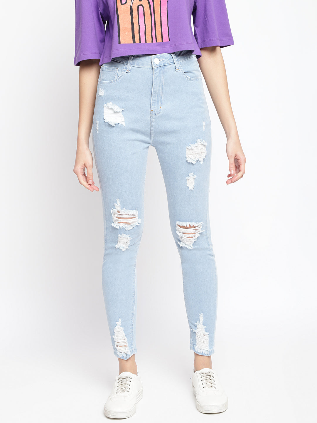 Women High Waist Light Blue Distressed Slim Fit Denim Jeans