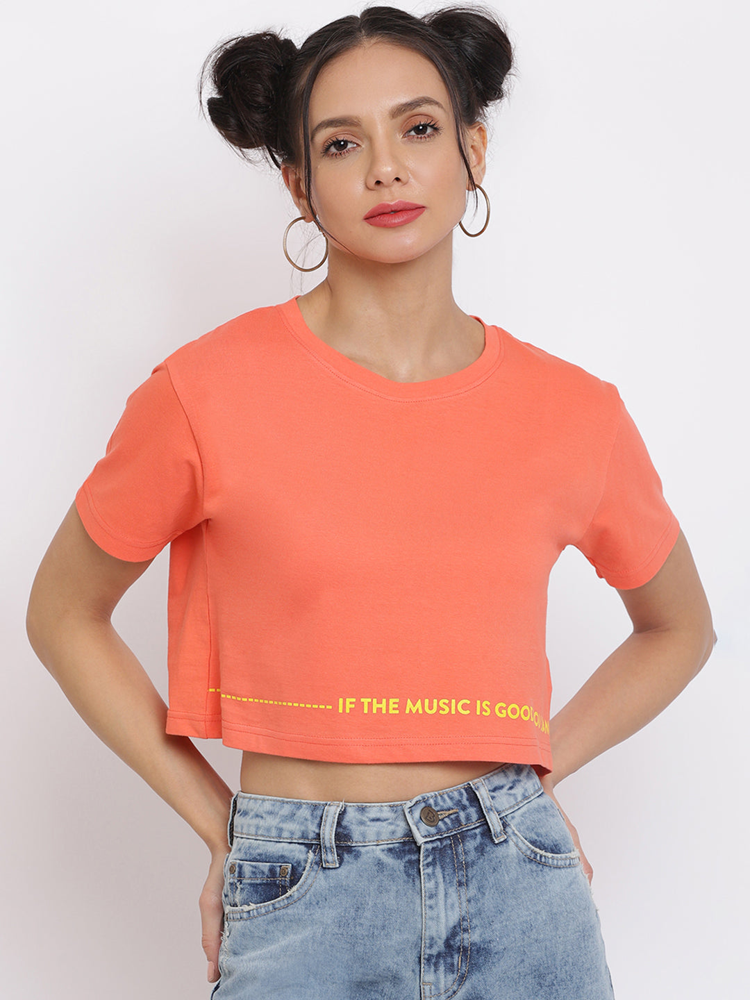 Women Orange Typography Printed Crop Top