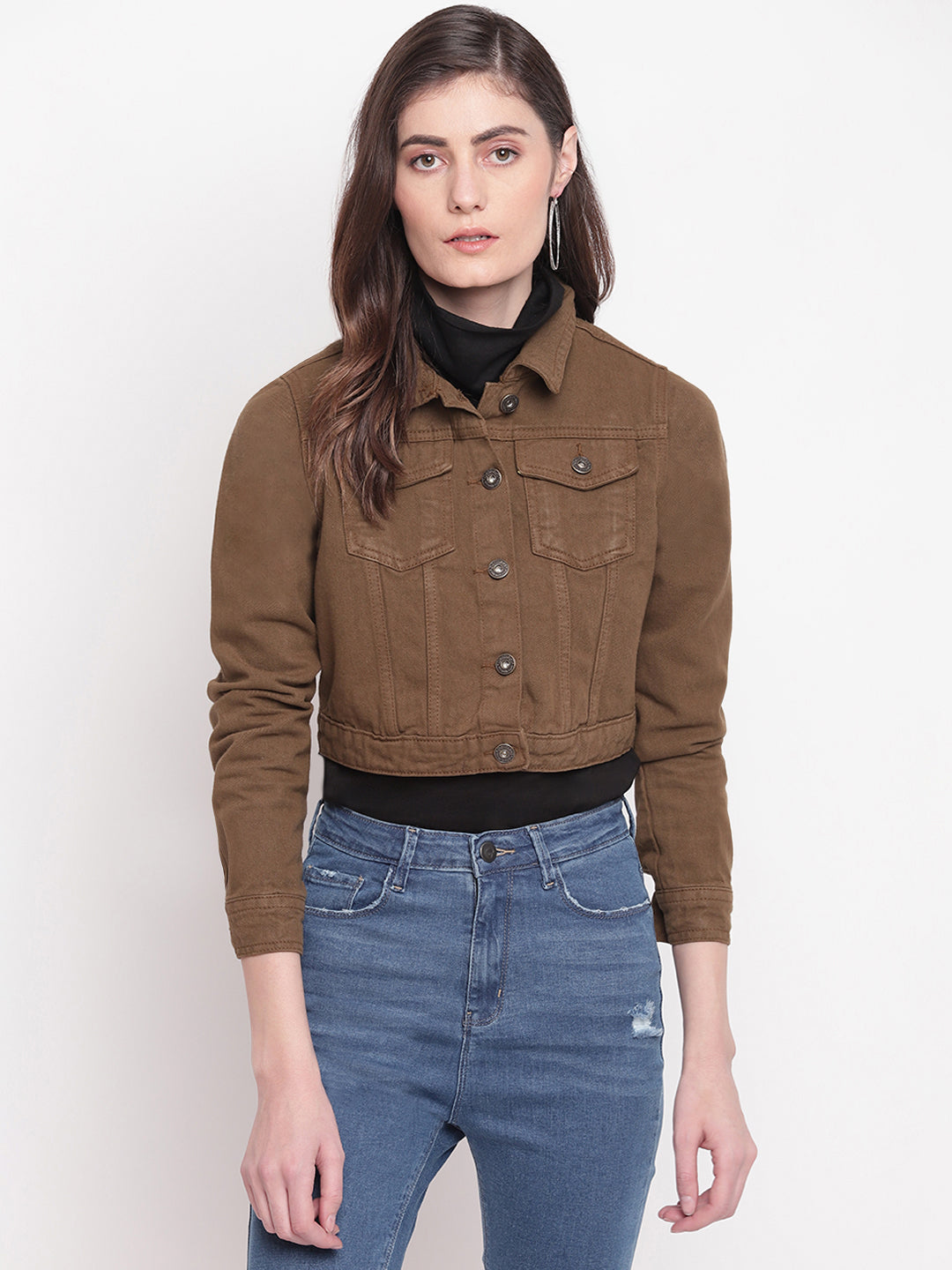 Women Olive Cropped Denim Jacket