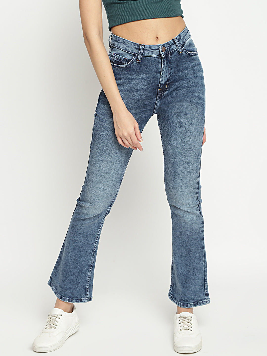 Women High Waist Mid Blue Boot-Cut Fit Denim Jeans