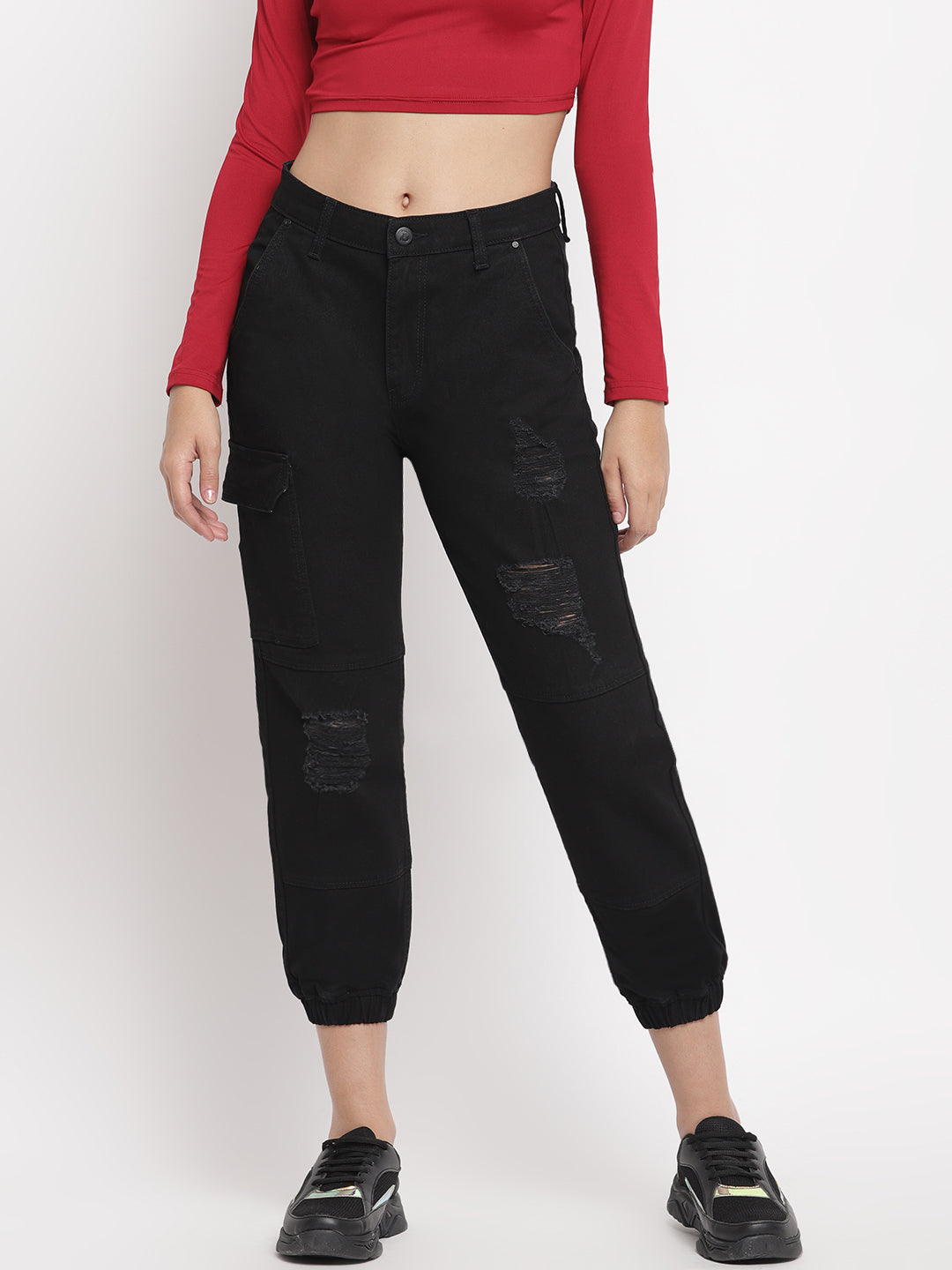 Women Distressed Denim Cargo Joggers