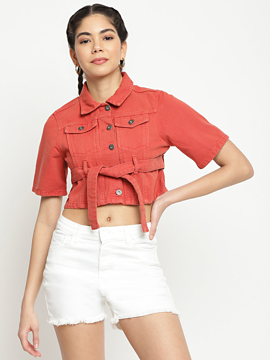 Women Rust Cropped Denim Jacket With Belt