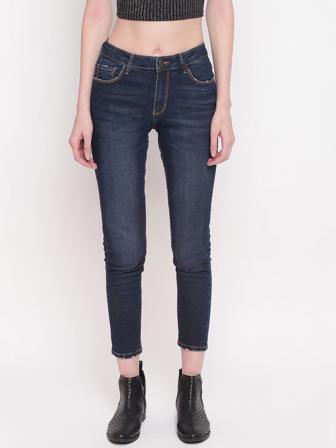 Women Dark Blue Mid Waist Slim Fit Denim Jeans